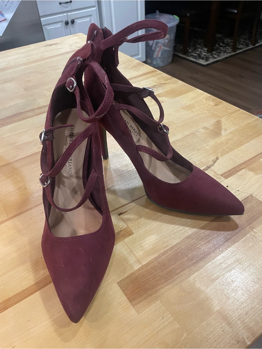 Pointed Toe Strappy Pumps in Burgundy - Women Shoes